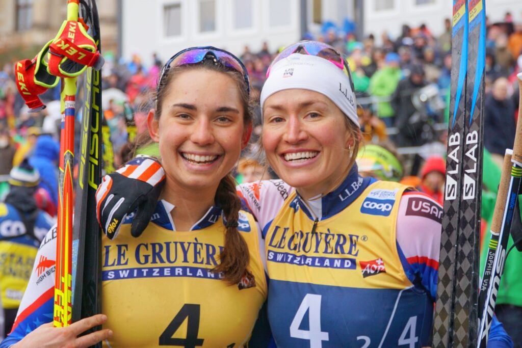 Julia Kern and Sophie Caldwell after finishing fourth place in the team sprint.