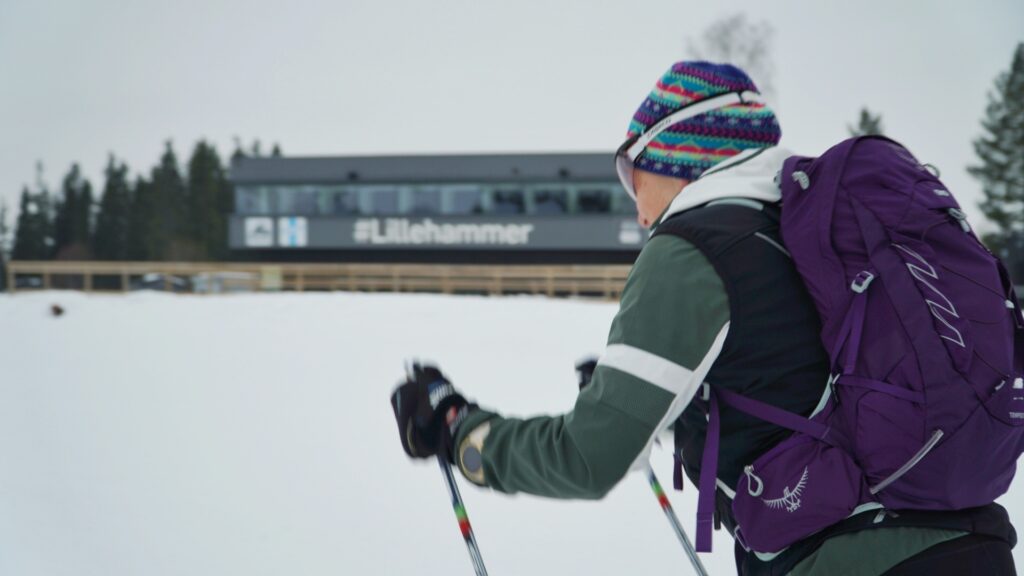 Skiing into the Birkebeiner Stadium after the Birken