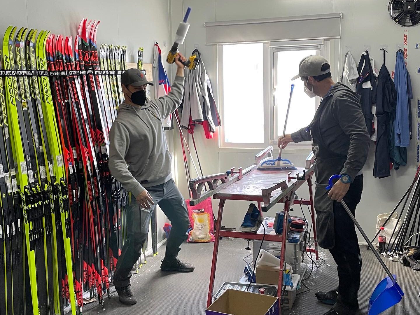 US Ski Team techs working on skis and having some fun