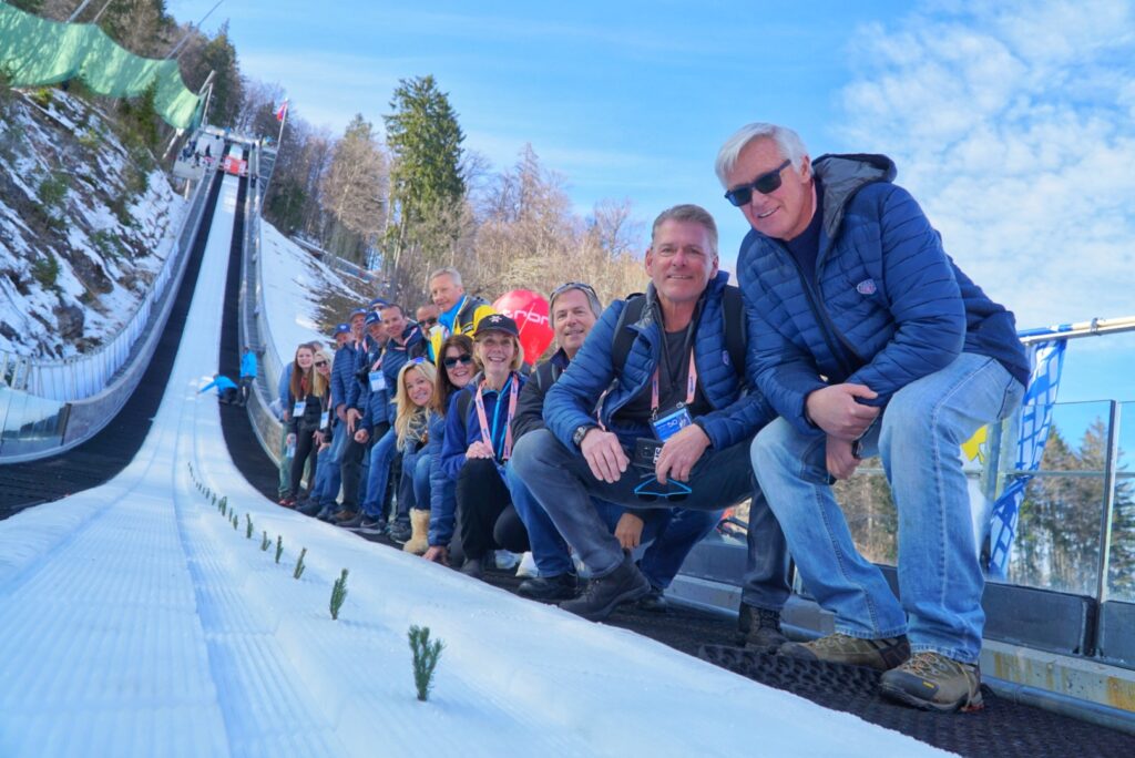 Guests inspect the ski flying hill in Planica