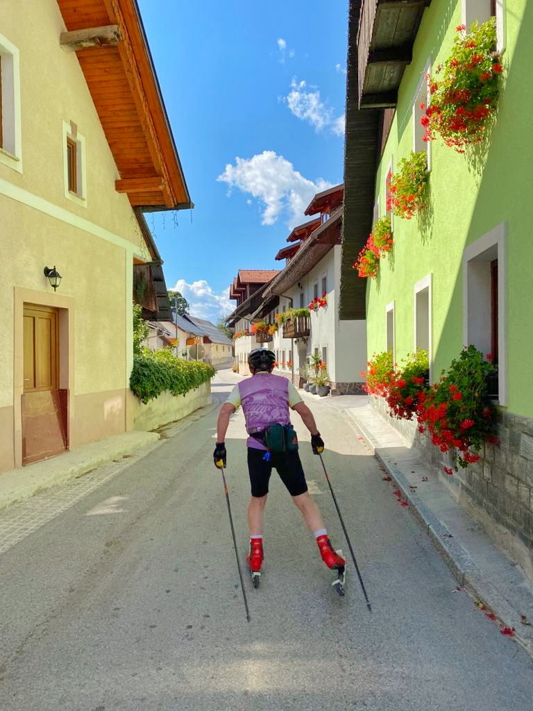 Rollerskiing through the Slovenian village of Ratece