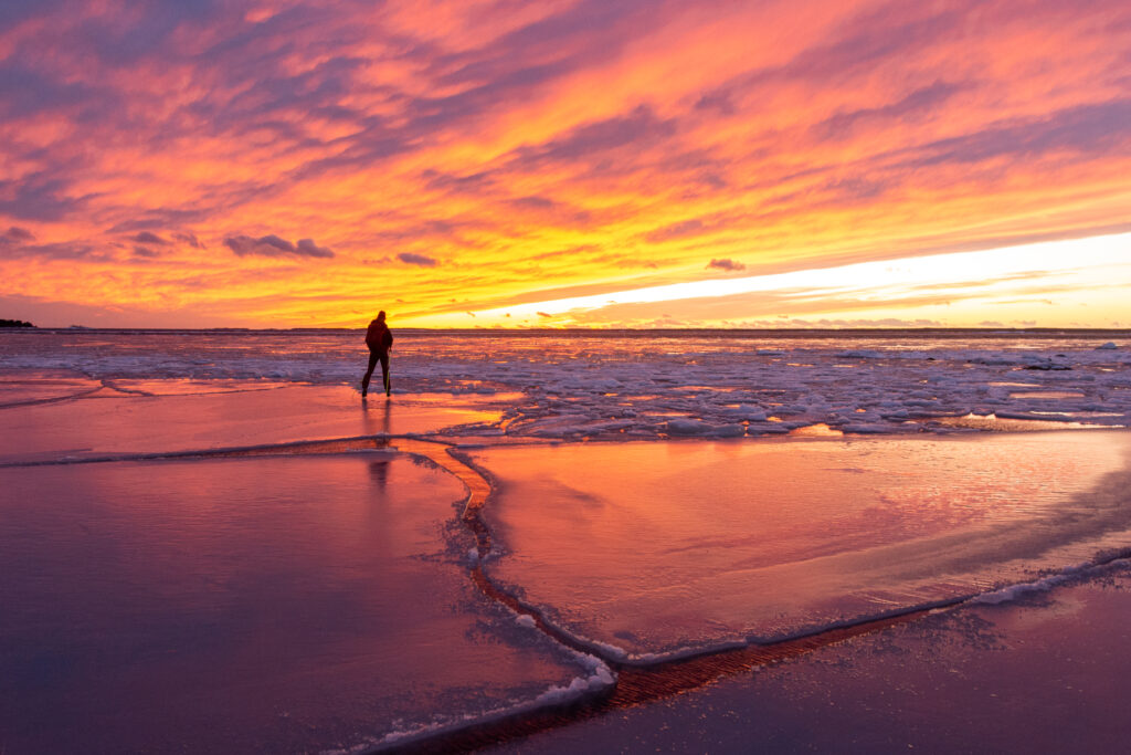 The Baltic Sea at sunset as seen on nordic skates