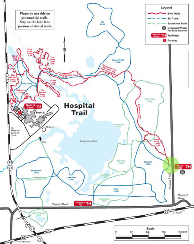 A map of the Hayward Hospital Trails marked at the Olson Rd trailhead.