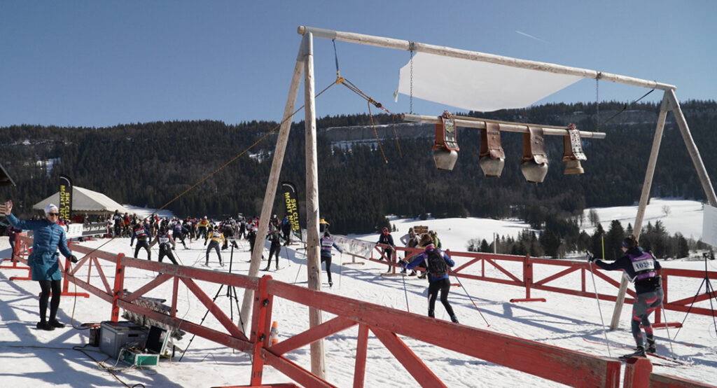 Giant cowbells keep Transju skiers on track.