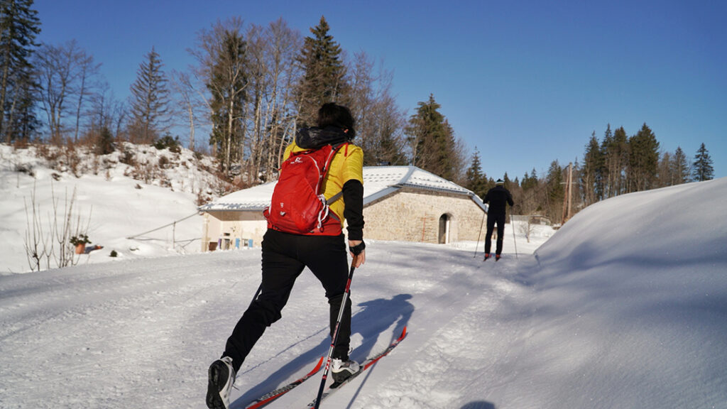 Skiing through the French countryside.