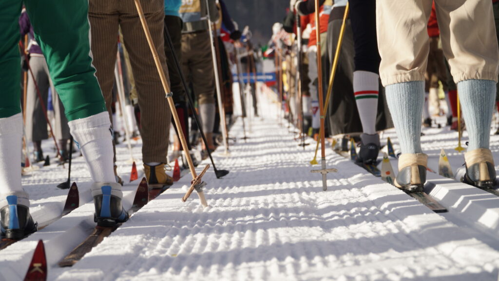 retro skiers at the Marcialonga