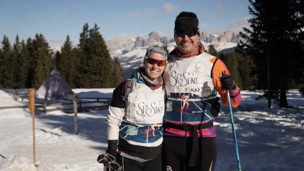 Newlyweds Jackie & Dan skiing the Passo Lavazé trails on Lumi's Dolomitenlauf & Marcialonga trip last winter.