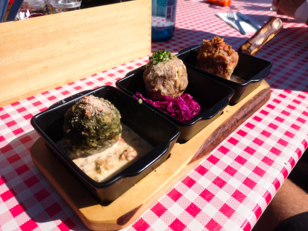 3 types of Knödel for lunch - stinging nettle, mountain cheese and red beet.