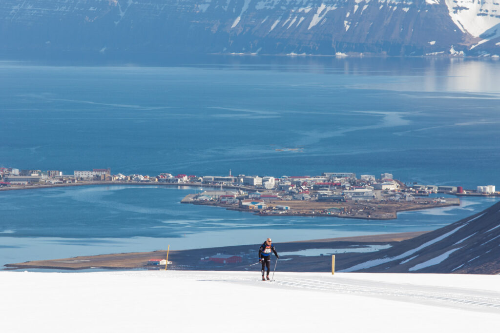 Skiing the Fossavatn ski marathon above Ísafjörður, capital of the Westfjords region