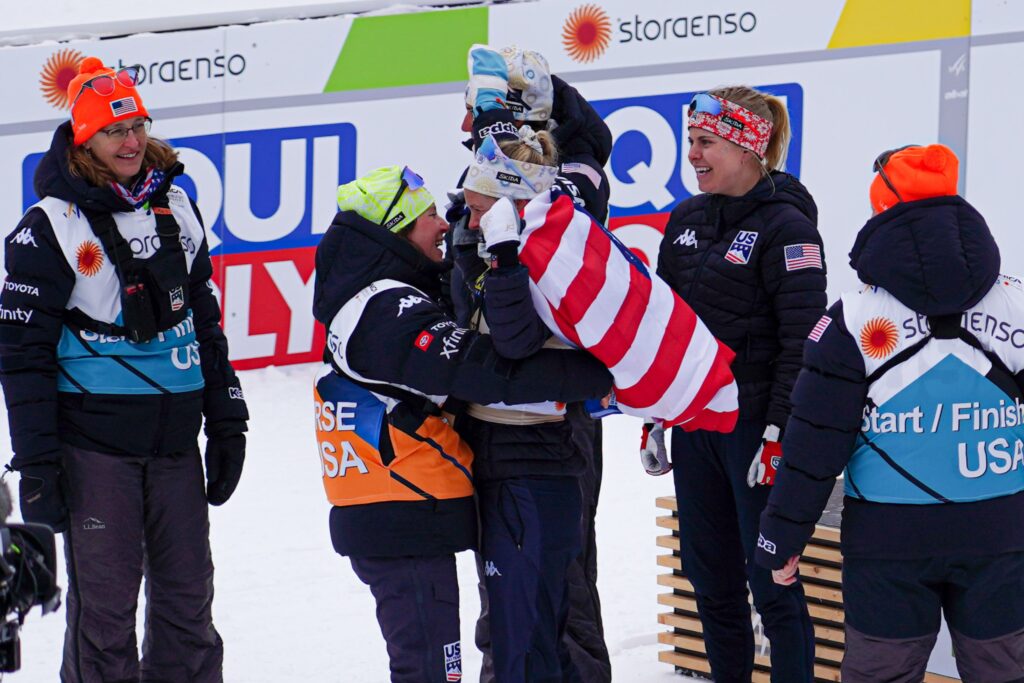 Kristen celebrating with Jessie after winning the 2023 World Championships