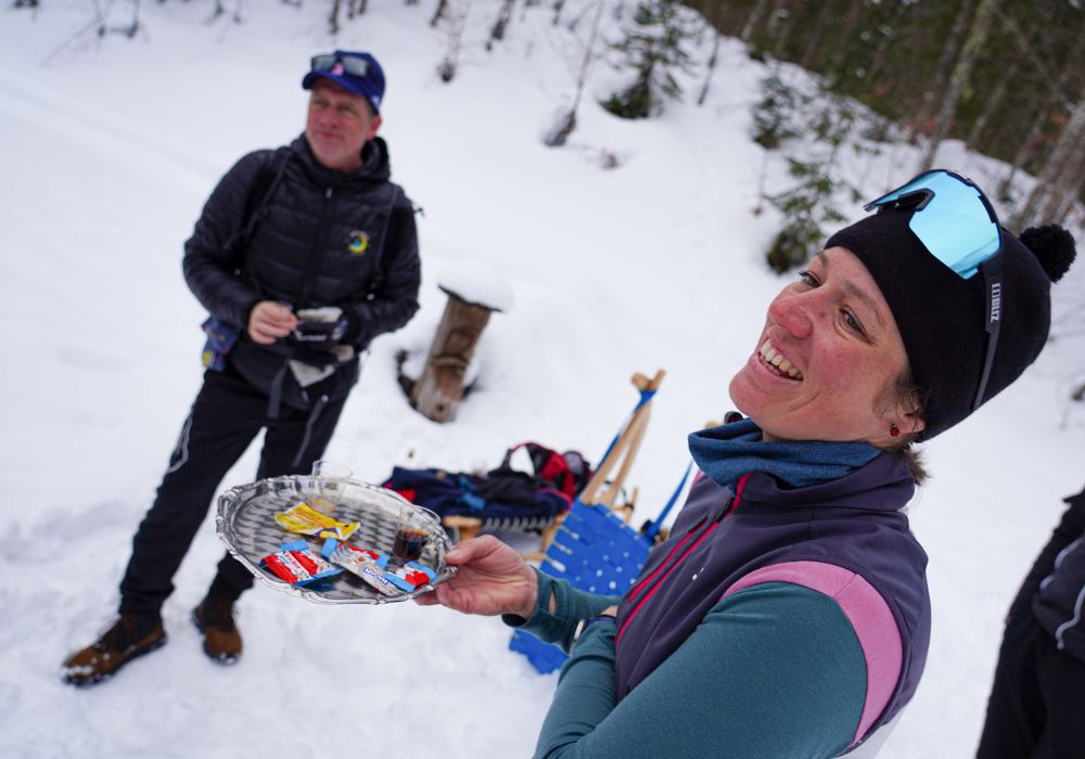 Joel and friends enjoying a snack break on the mountain.