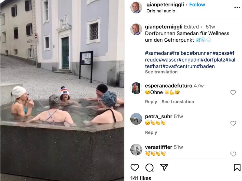 The Mayor of Samedan's Instagram post about year-round bathing in the village fountain.