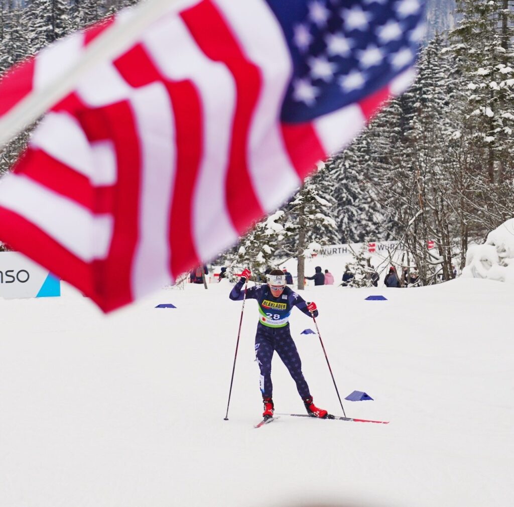 Lots of American flags to cheer on the US women, including Julia Kern in the 10 km Freestyle