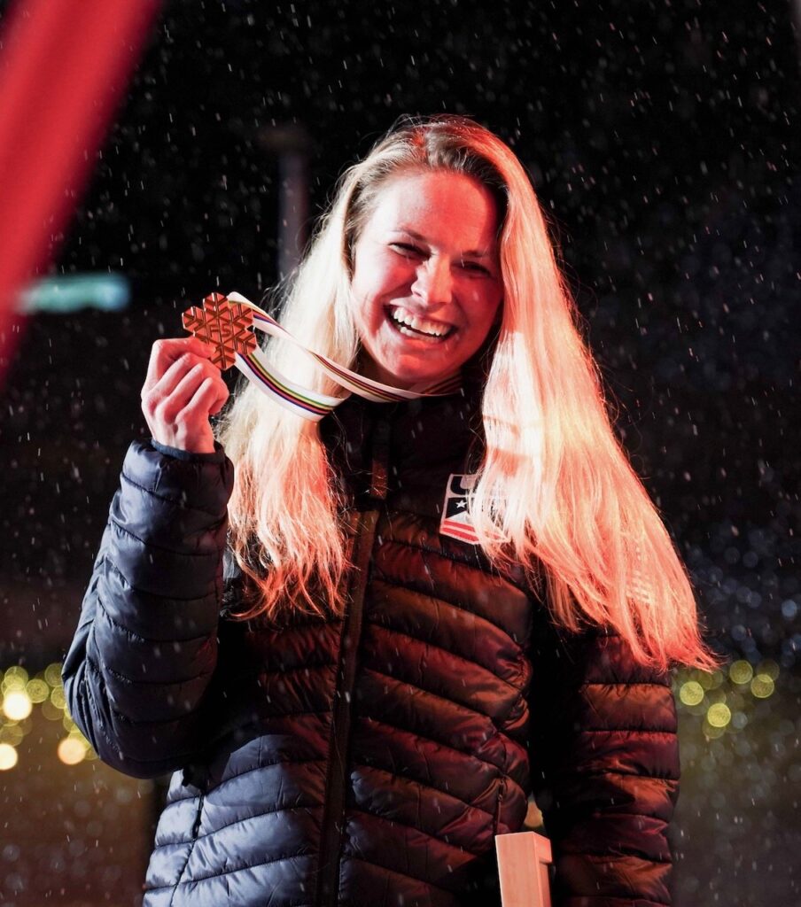 Jessie’s gold at the Medal Ceremony in Kranskja Gora