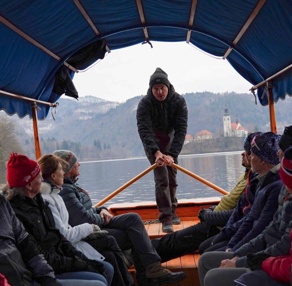 A boatmen rowed us across Lake Bled in his Pletna, a long boat that holds 16.