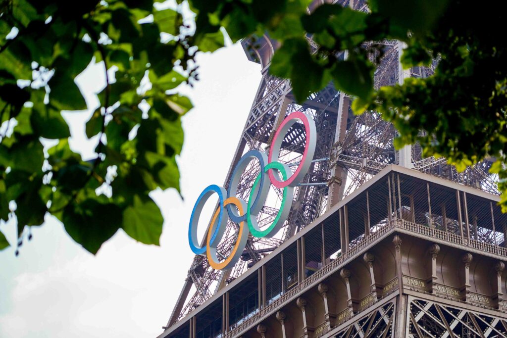 Olympic rings on the Eiffel Tower.