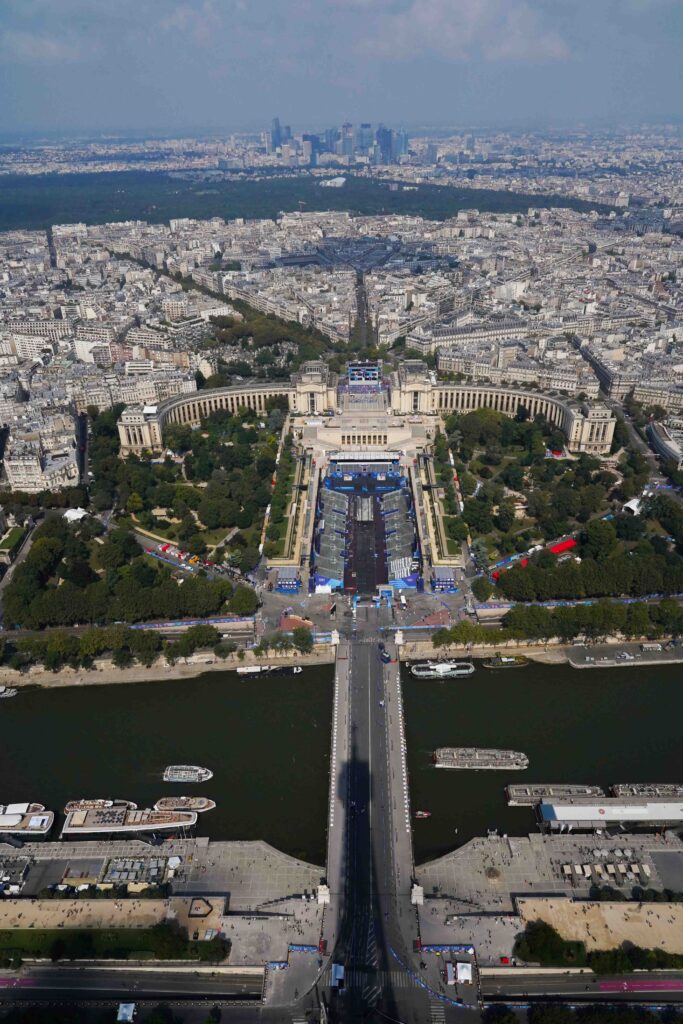 View to the cycling finish line from the Eiffel Tower.