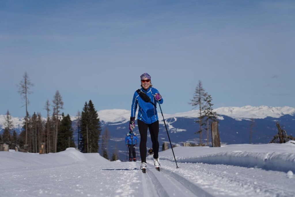 Skiing the trails in Passo Lavazé above Cavalese, Italy.