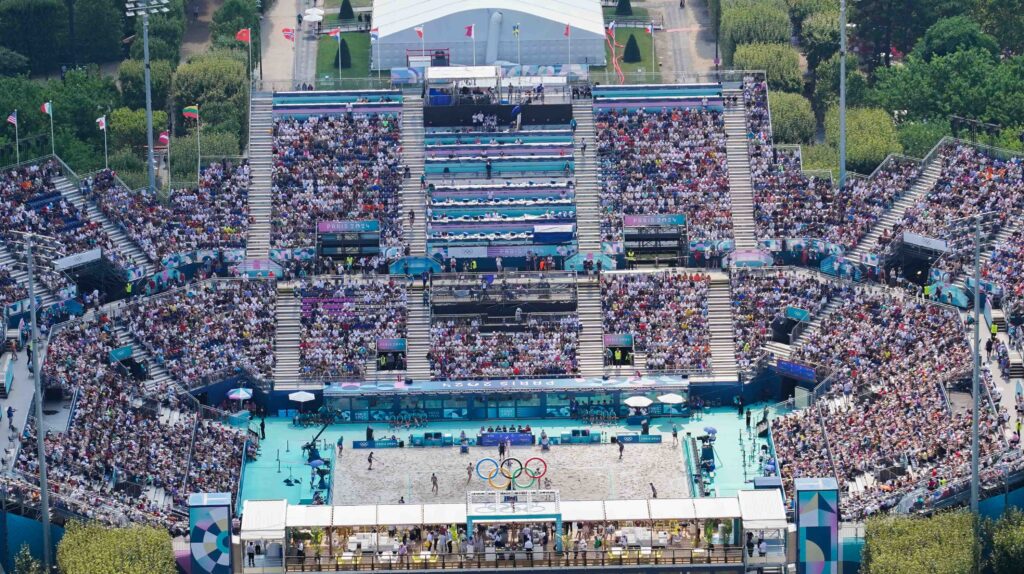 Beach volleyball from the Eiffel Tower.