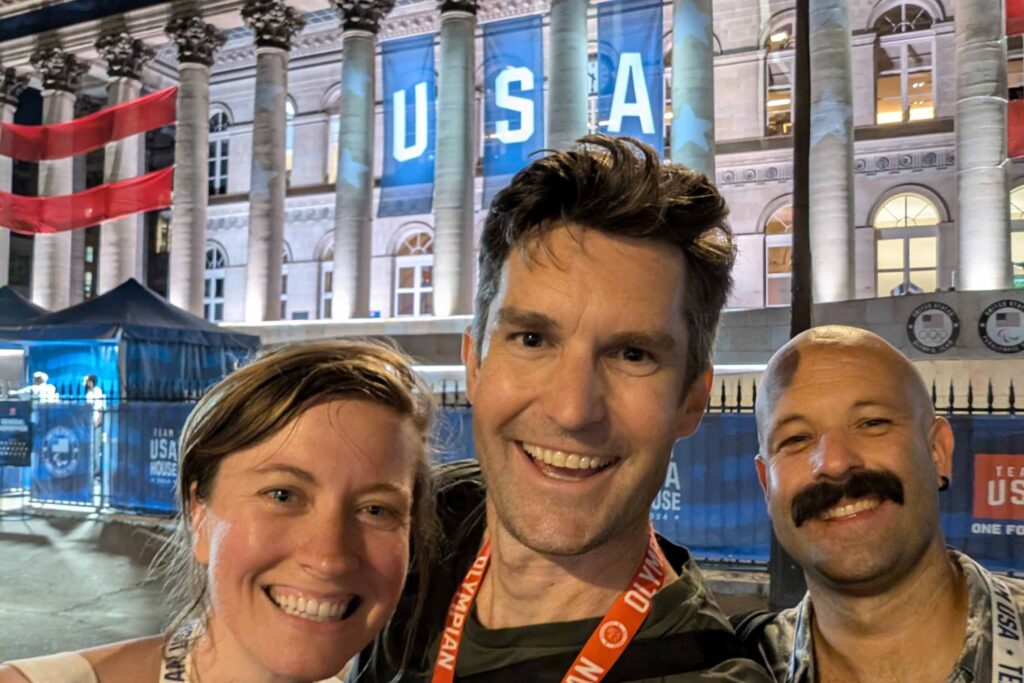 Garrott with wife Catherine and best man Dan at the Team USA House.