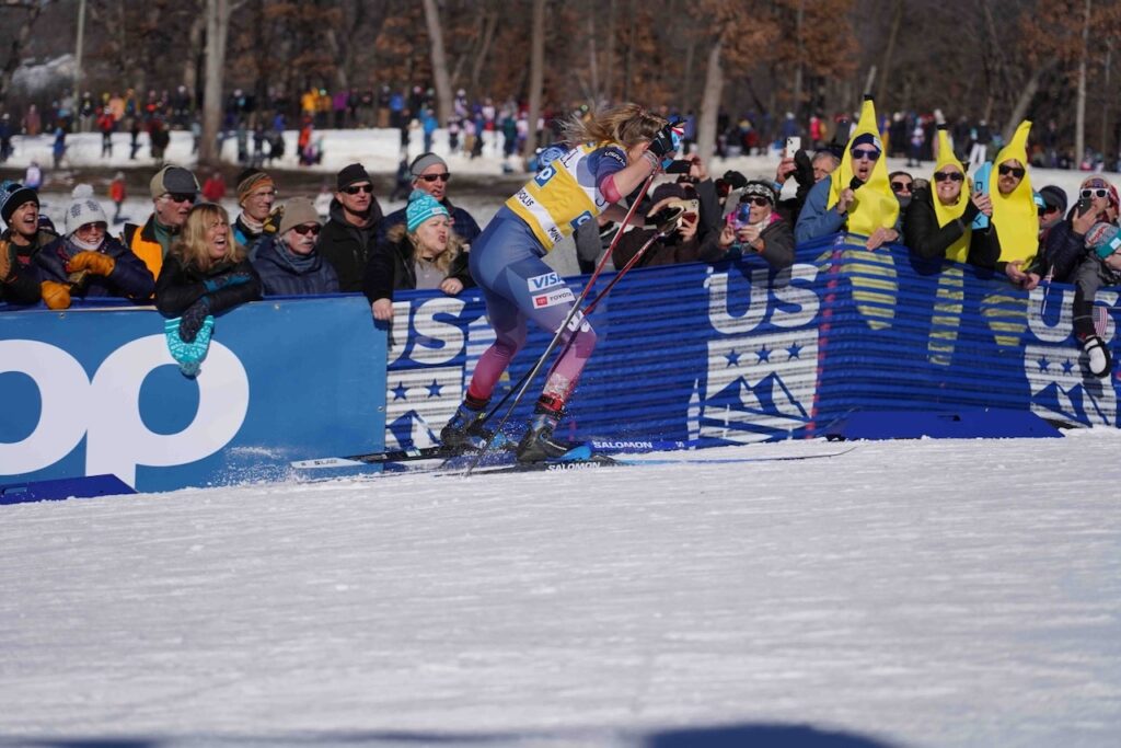 Diggins sporting the yellow leading jersey at the 2024 Minneapolis World Cup.