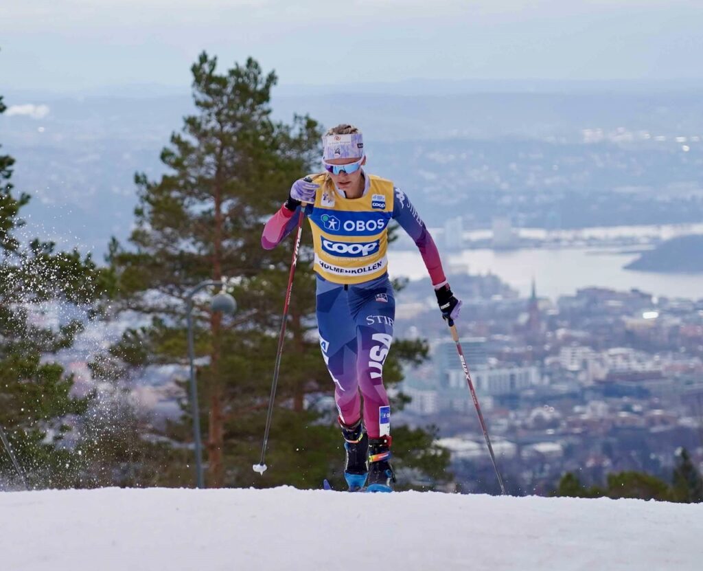 Diggins skiing above Oslo at the Holmenkollen Ski Festival.