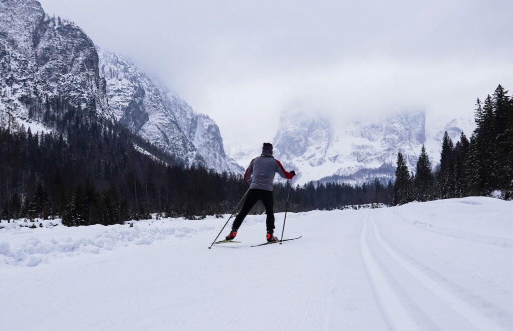 Skiing perfectly groomed trails at the base of the craggy Julian Alps.