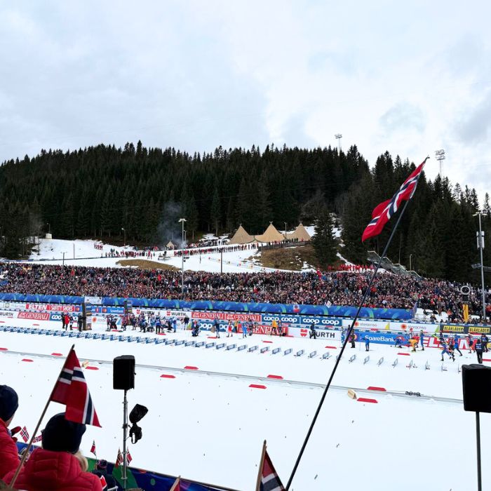 The Granåsen Ski Centre packed with fans.